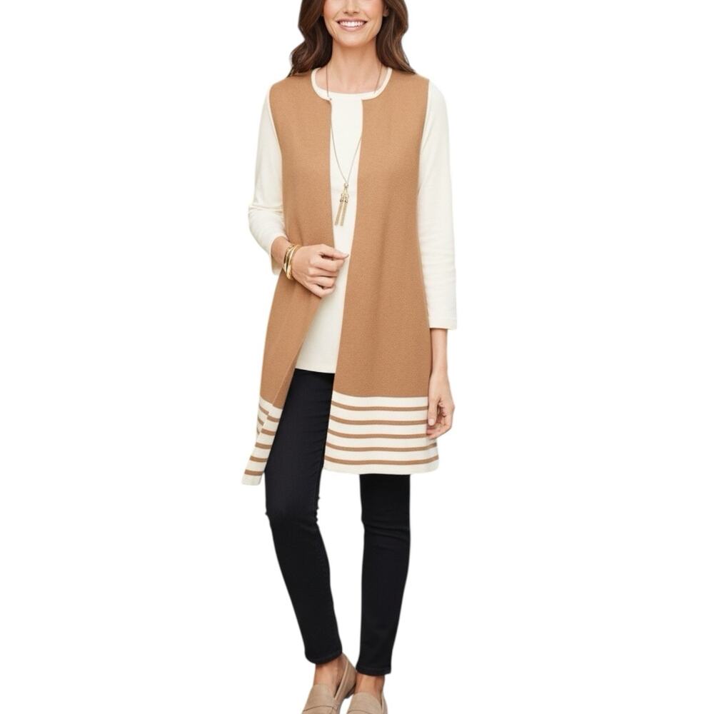 Talbots Camel Striped Sleeveless Open Front Duster Cardigan Sweater Vest Large